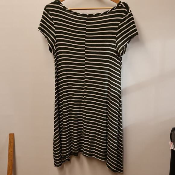 TMG Dress Olive White Stripe Asymmetric Hem Cap Sleeve Round Neck SZ Large - Picture 12 of 12